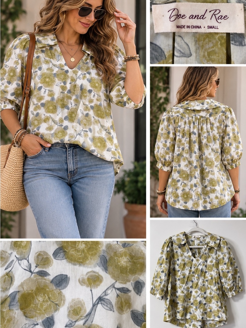 Doe and Rae Floral Puff Sleeve Blouse Size S Olive Gray Cottagecore Boho